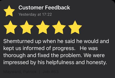Happy customer five star review for Solid Electrics