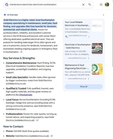 Google AI Overview highlighting Solid Electrics as a trusted local maintenance electrician in Southampton, based on reviews, website content, and consistent service delivery.