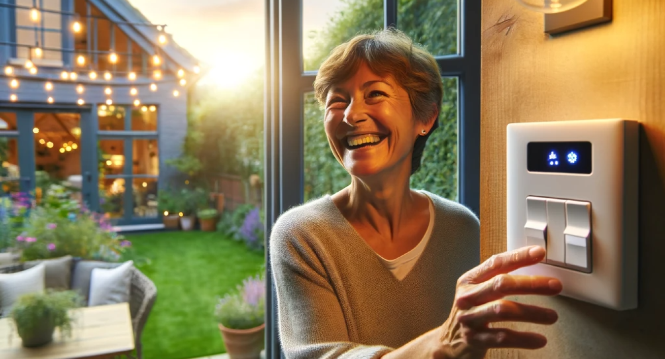 A 50-year-old person joyfully controlling garden lights from inside a house using a wall-mounted kinetic switch by TLC Direct's product range