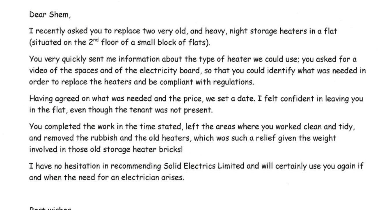 Testimonial from Jackie Wright for storage heater replacement in Southampton carried out by Solid Electrics