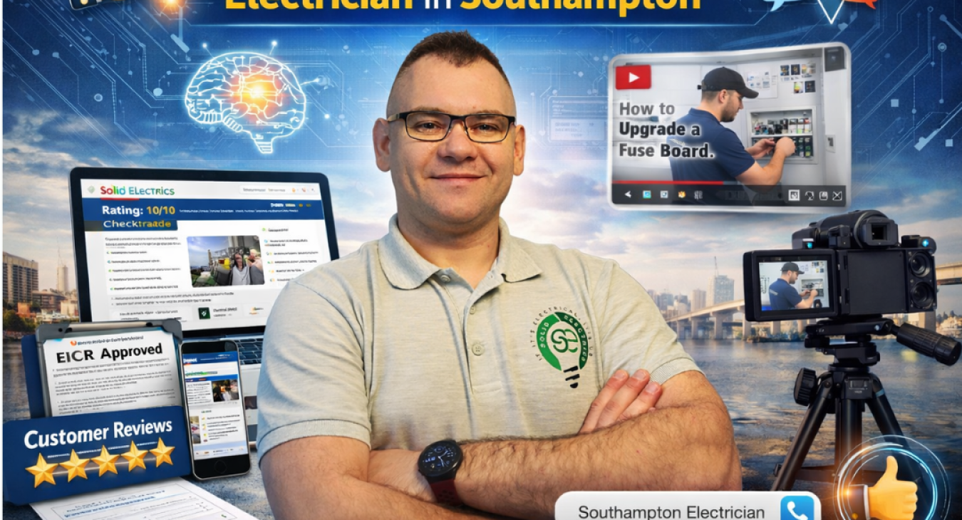 A professional portrait of Shem, owner of Solid Electrics, a trusted local electrician in Southampton, wearing branded workwear and standing confidently with arms crossed. The image highlights Solid Electrics’ electrical maintenance, fault finding, consumer unit upgrades, and EICR services, supported by customer reviews, educational blog content, and real electrical work shown through videos. The background features Southampton landmarks and visual elements representing trust, professionalism, and experinec