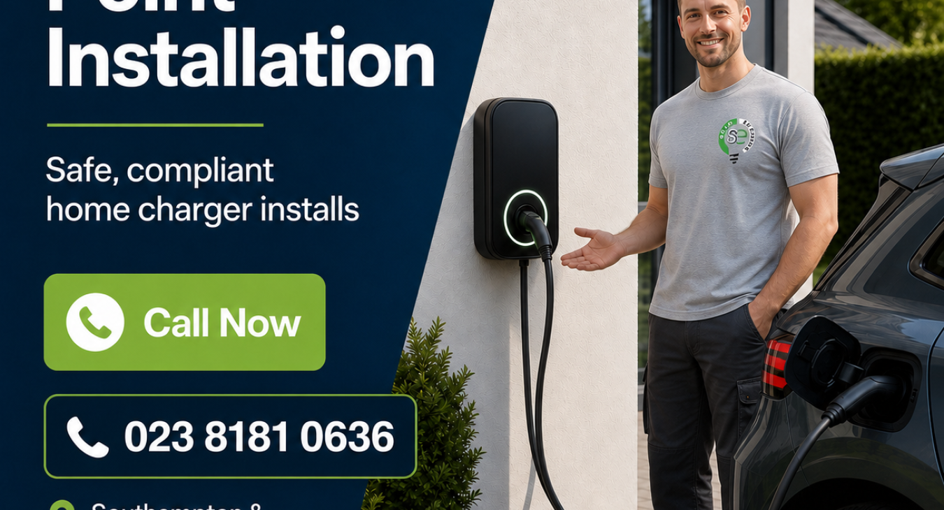 Square promotional image for EV charging point installation in Southampton, showing a wall-mounted home EV charger, an electric car plugged in, and a Solid Electrics installer beside the charger. The image includes a call-to-action and phone number 023 8181 0636.